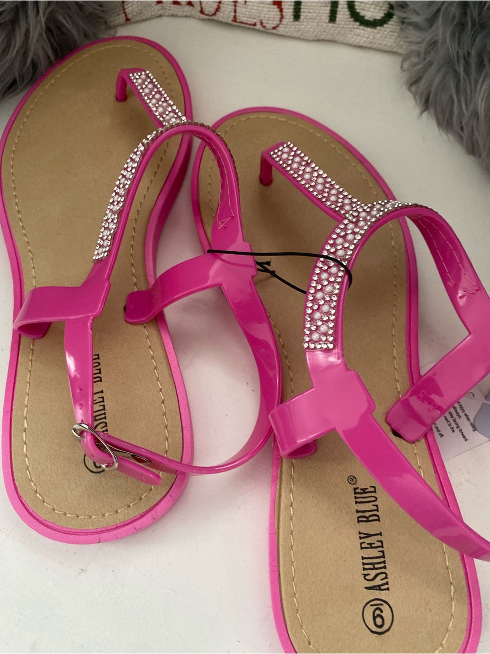 Ashley Blue Hot Pink Rhinestone T-Strap Sandals - Picture 2 of 4